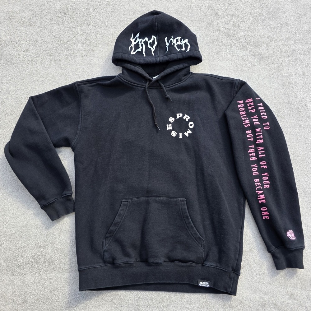 Broken Promises Hoodie Mens Medium Black Green Flaming Skull Problems Pullover - Picture 3 of 11